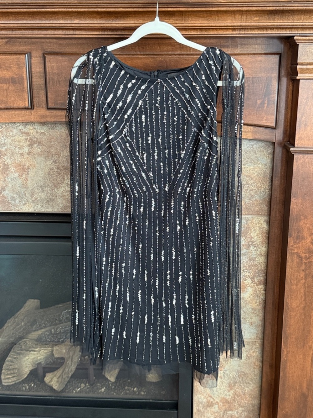 Unique black sparkly Adrianna Papell embellished cape dress formal statement 8
